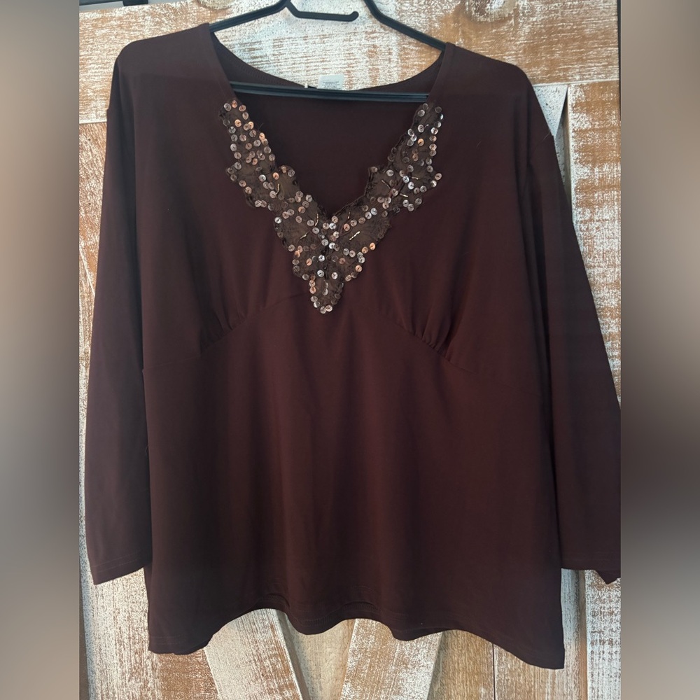 3/15🌸Vintage Carol Rose Brown Sequin V-Neck Blouse